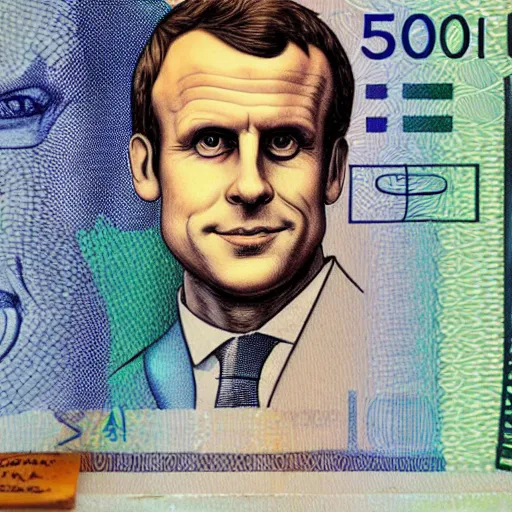 Image similar to Macron portrait on the 50 euro note, realistic, high detailed print