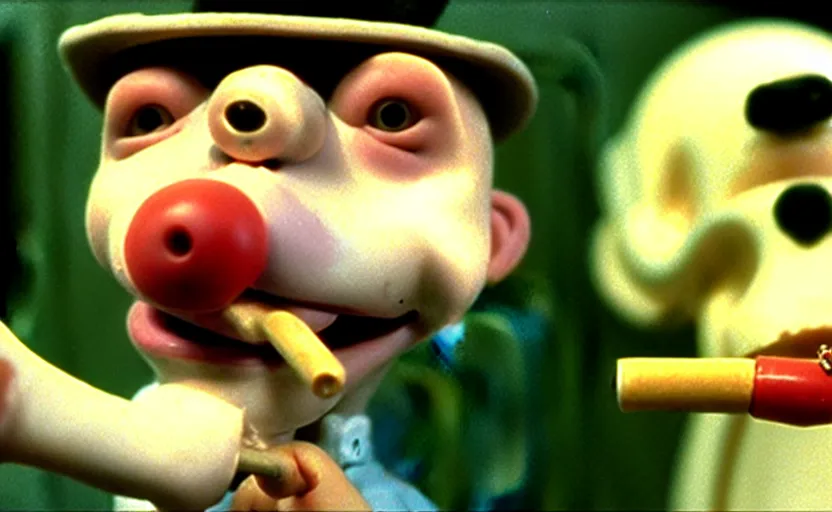 Image similar to Wallace smoking crack from a crack pipe in a still from the short movie A Grand Day Out (1989), crack cocaine, Wallace and Gromit, Aardman Animations, claymation, 4k, high quality