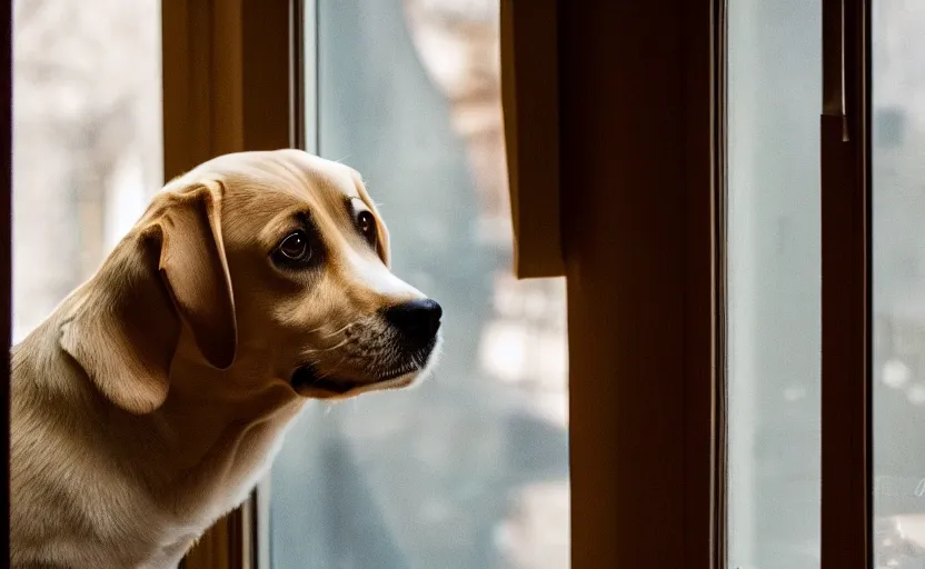 Prompt: a dog is looking out of a window, beautiful lighting, 8 k