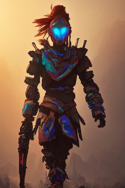 Image similar to combination suit armor aloy horizon forbidden west horizon zero dawn radiating a glowing aura global illumination ray tracing hdr fanart arstation by ian pesty and alena aenami artworks in 4 k tribal robot ninja mask helmet backpack