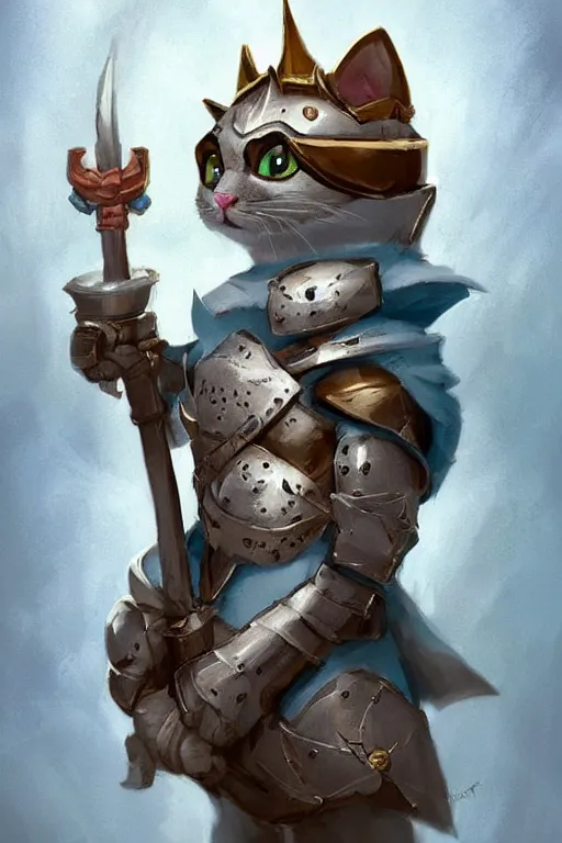 Image similar to cute little anthropomorphic cat knight wearing a cape and a crown, tiny, small, miniature cat , baby animal, short, pale blue armor, cute and adorable, pretty, beautiful, DnD character art portrait, matte fantasy painting, DeviantArt Artstation, by Jason Felix by Steve Argyle by Tyler Jacobson by Peter Mohrbacher, cinematic lighting