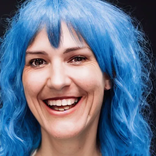 Prompt: a portrait image of a skinny 38 year old attractive woman with blue hair and large yellow eyes, a wide smile and a genuinely happy and calm expression, looking directly at the camera