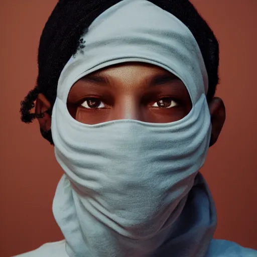 Image similar to realistic! photoshoot for a new balenciaga lookbook, color film photography, portrait of a beautiful woman wearing a balaclava mask, photo in style of tyler mitchell, fisheye lens