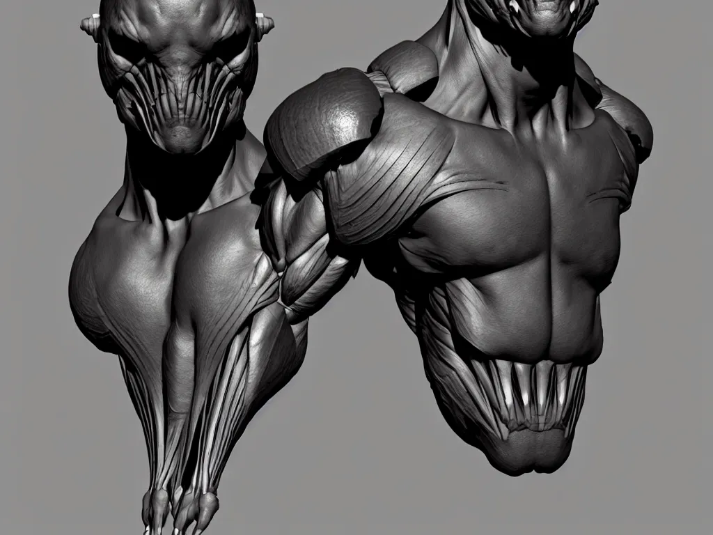 Prompt: game concept art, muscular, exoskeleton, chiroptera head, chiroptera ears, chiroptera nose, amphipoda, hyperrealism, fine detail, artstation, cgsociety, zbrush, no background