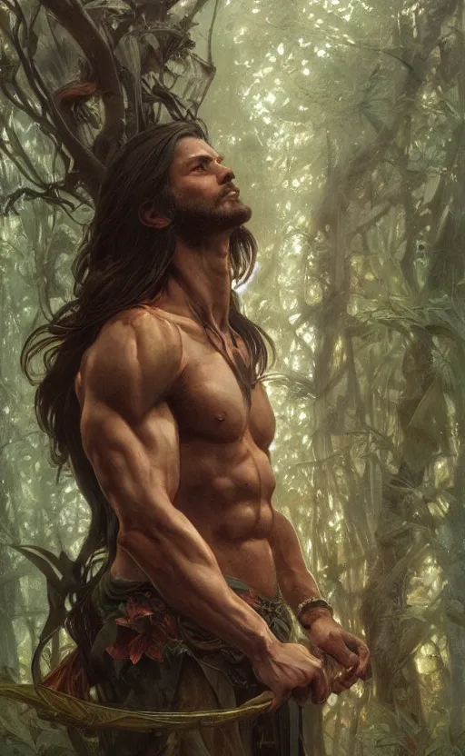 Image similar to God of the forest, male, shoulder-length hair, gorgeous, amazing, muscular, intricate, highly detailed, digital painting, artstation, concept art, sharp focus, illustration, art by greg rutkowski and alphonse mucha