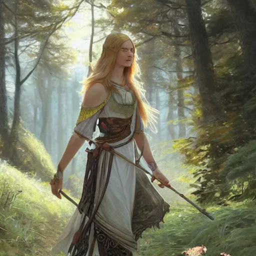 Prompt: The viking goddess Freya walking near a forest in spring season, athletic , gorgeous, beautiful, intricate, highly detailed, digital painting, artstation, concept art, sharp focus, illustration, art by greg rutkowski and alphonse mucha