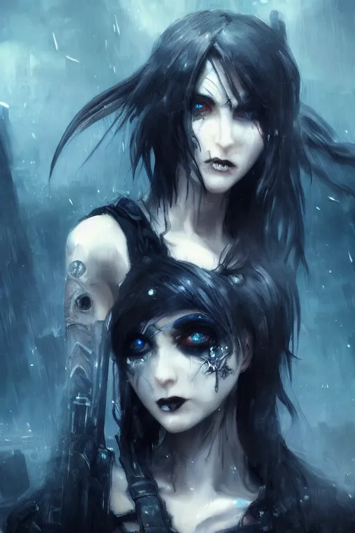 Image similar to gothic cyberpunk girl, post apocalyptic dystopian landscape, heavy blue eye makeup, half body portrait, melancholic expression, gloomy vibes, evanescence, gritty, anime, ruan jia, artstation