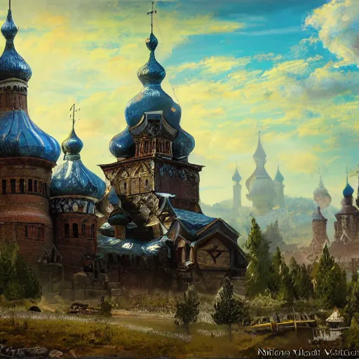 Prompt: photo beautiful magical ancient Slavic Russian city of Kitezh, fisheye lens, painting by Viktor Vasnetsov, concept art, magical city, fantasy cityscape, ancient Slavs, wooden buildings, ancient Russian architecture, terem, hyperborea, top cinematic lighting , cinematic mood, very detailed, 8k, high resolution, trending on artstation, painting by Nicholas Roerich, artstationHD,