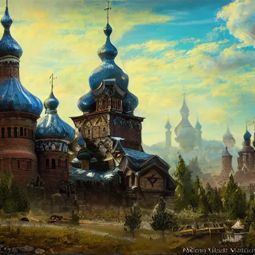 Image similar to photo beautiful magical ancient Slavic Russian city of Kitezh, fisheye lens, painting by Viktor Vasnetsov, concept art, magical city, fantasy cityscape, ancient Slavs, wooden buildings, ancient Russian architecture, terem, hyperborea, top cinematic lighting , cinematic mood, very detailed, 8k, high resolution, trending on artstation, painting by Nicholas Roerich, artstationHD,