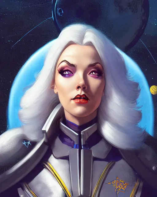 Image similar to ashe from overwatch, white hair, space cowgirl, character portrait, portrait, close up, concept art, intricate details, highly detailed, vintage sci - fi poster, retro future, in the style of chris foss, rodger dean, moebius, michael whelan, and gustave dore