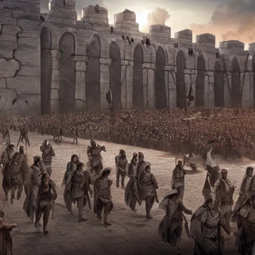 Image similar to Matte painting of a row of men in Biblical outfits marching in front of the walls of Jericho. People are standing on the walls looking down at them. sunrise, epic, cinematic lighting, detailed digital art trending in artstation