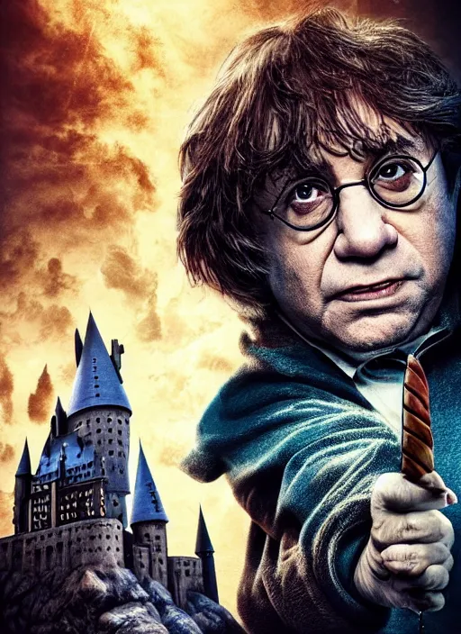 Image similar to Dramatic portrait photo of Danny Devito as Harry Potter, wizard, cracked castle in background, dramatic lighting, promotional image, concept art, smooth, sharp focus, art by artgerm