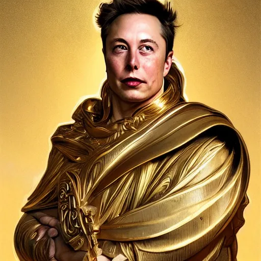 Image similar to portrait of Elon Musk as a greek god, marble statue, greek mythology, gold crown and filaments, intricate, headshot, highly detailed, digital painting, artstation, concept art, sharp focus, cinematic lighting, illustration, art by artgerm and greg rutkowski, alphonse mucha, cgsociety