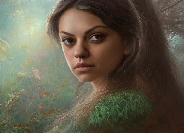 Image similar to Mila Kunis staring into the camera, misty wisps, Lilia Alvarado, Sophie Anderson, Mark Arian, Bob Byerley, Charlie Bowater, Mark Brooks, Steve Henderson, Justin Gerard, Arthur Hughes, Edward Robert Hughes, Mark Keathley, Victor Nizovtsev, Carlos Shwabe, Ross Tran, WLOP