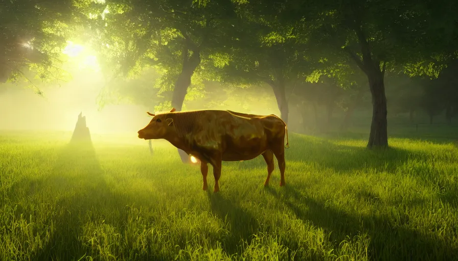 Image similar to golden cow in a green field, sunny day, reflections, wood, volumetric light, hyperdetailed, artstation, cgsociety, 8 k