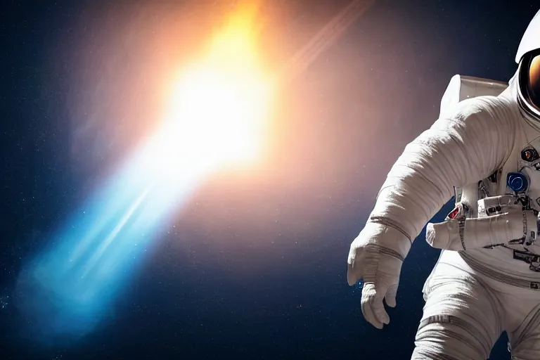 Image similar to astronaut in space wearing a spacesuit floating, meteor hitting earth in background, highly detailed, photorealistic portrait, bright studio setting, studio lighting, crisp quality and light reflections, unreal engine 5 quality render