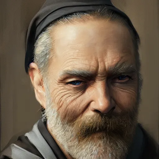 Image similar to An oil painting of a man dressed in priest robes, 50 years old, short grey hair, trimmed beard, sharp facial features, beautiful, highly detailed, by Cédric Peyravernay, trending on artstation