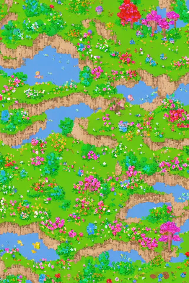 Prompt: a countryside in spring, green hills and blue sky with patches of clouds, nature in all its beauty, some houses in the background, star - shaped flowers in the foreground, we can see the sea, pixel art, indie game, snes, sprite, detailed,