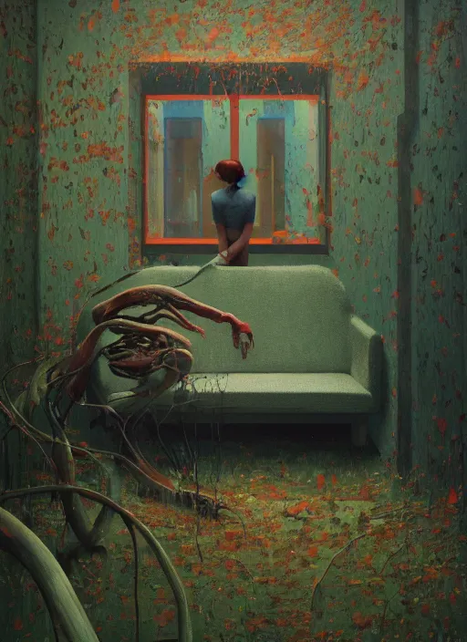 Image similar to time does not exist anymore by edward hopper and james gilleard, zdzislaw beksinski, overgrown vegetation, open ceiling, highly detailed, painted by francis bacon, painted by james gilleard, airbrush, ilya kuvshinov, wlop, stanley artgerm, very coherent, people of color, art by takato yamamoto and james jean