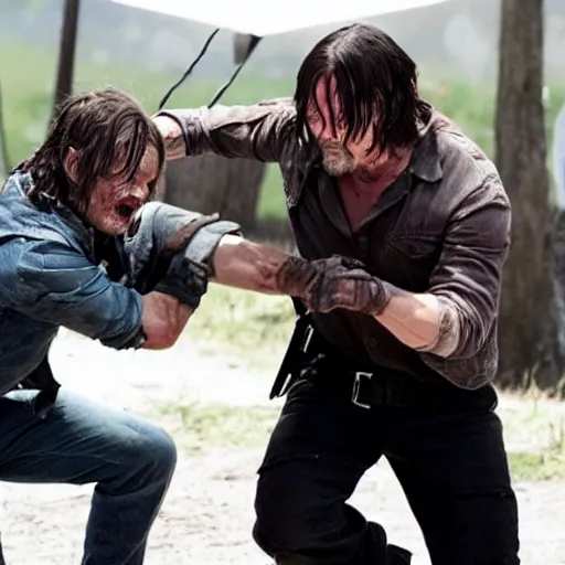 Image similar to Norman reedus fighting off a walker, movie still from the walking dead