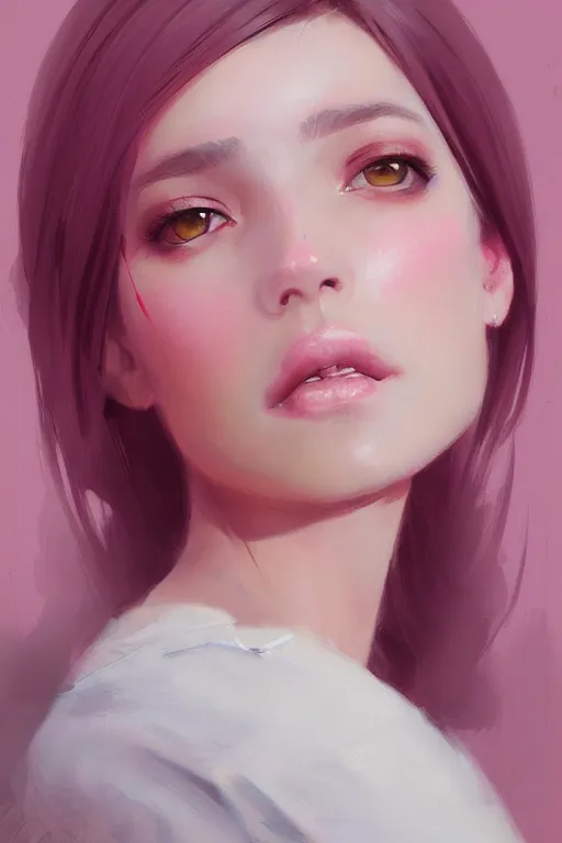 Prompt: 3 / 4 portrait, soft, pink, artgerm and and greg rutkowski, trending on artstation