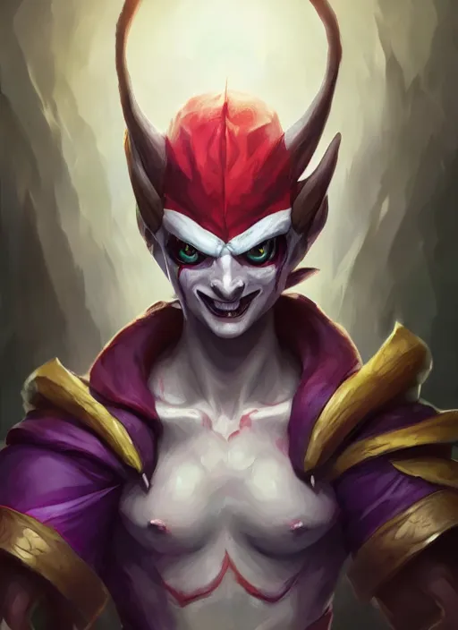 Image similar to shaco from league of legends, half body shot, path traced, realistic, highly detailed, high quality, digital painting, hd, alena aenami, lilia alvarado, shinji aramaki, karol bak, alphonse mucha, tom bagshaw