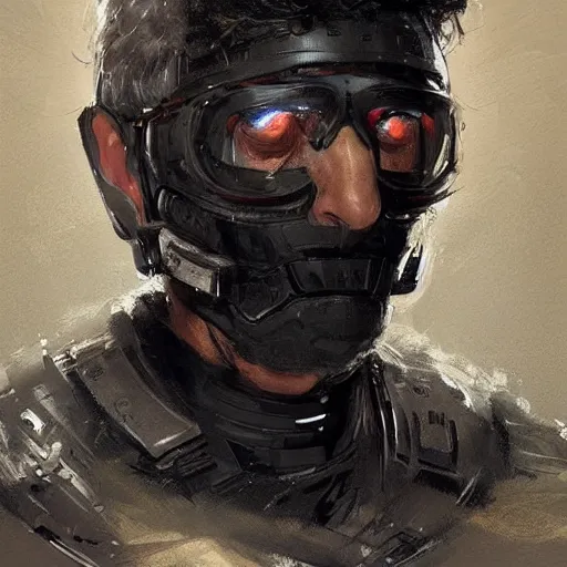 Image similar to Portrait of a man by Greg Rutkowski, he is about 60 years old, short black hair with bangs, his features are a mix between French, Turkish and Russian, expression of contempt, sorrow and resignation, he is wearing a futuristic tactical gear, highly detailed portrait, digital painting, artstation, concept art, smooth, sharp foccus ilustration, Artstation HQ.