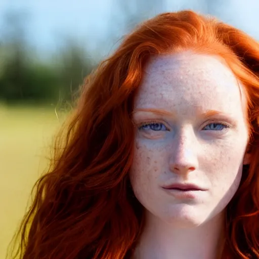 Prompt: Close up photo of the left side of the head of a redhead woman with gorgeous eyes and wavy long red hair, who looks directly at the camera. Slightly open mouth. left side of the head head visible and covers half of the frame, with a park visible in the background. 135mm nikon.