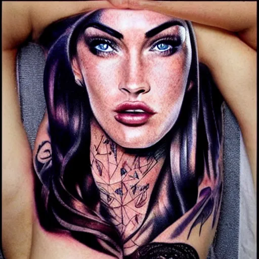 Image similar to realistic tattoo sketch of megan fox face double exposure effect with a mountain scenery, in the style of matteo pasqualin, amazing detail, sharp, faded