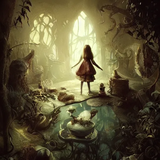 Image similar to alice in wonderland, high detail, dramatic light, digital art, chiaroscuro, painted by seb mckinnon and greg rutkowski, trending on artstation