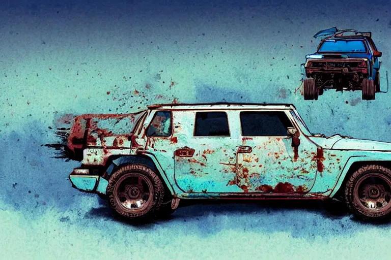 Image similar to digital illustration of a faded cyan mad max's fj 4 0 decrepit!!!! pursuit special, rusty!!! nissan fj cruiser heavily modded 1 9 9 0 s, the last v 8 interceptor by makoto shinkai, ilya kuvshinov, lois van baarle, rossdraws, basquiat