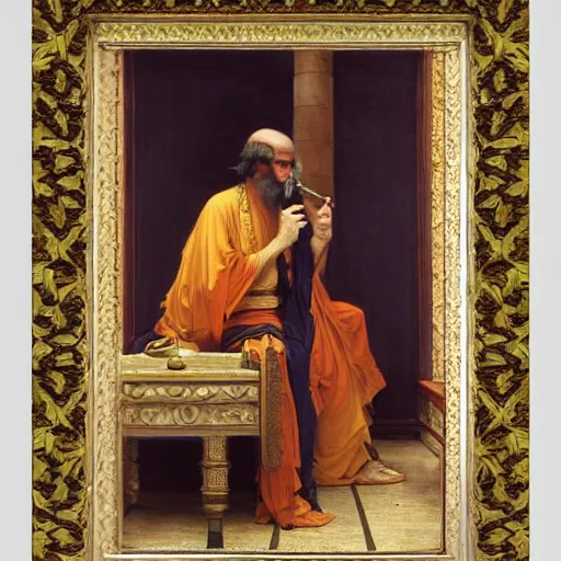 Prompt: orientalist portrait of a sage wearing golden robes smoking a pipe in a sandstone temple intricate portrait by john william waterhouse and Edwin Longsden Long and Theodore Ralli and William-Adolphe Bouguereau, very coherent symmetrical artwork. Cinematic, hyper realism, high detail 8k