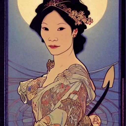 Image similar to lucy liu portrait by louis - theophile hingre and alphonse mucha, realistic, sharp focus, zodiac signs, tarot cards, planets, ethereal, art nouveau, magic, moon, sun, crown, dreamy, royal, jewellery