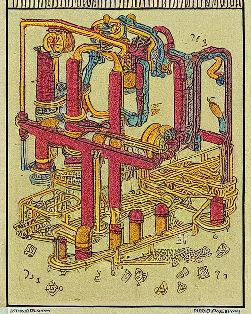 Prompt: page of the ancient codex seraphinianus with an isometric diagram explaining how the cereal factory crams all that graham into golden grahams cereal. highly - detailed infographic.