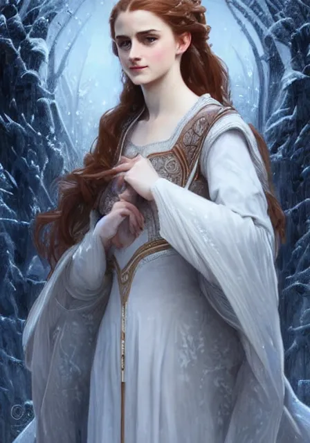 Image similar to sansa emma watson snow queen, intricate, elegant, highly detailed, digital painting, artstation, concept art, smooth, sharp focus, illustration, art by artgerm and greg rutkowski and alphonse mucha and william - adolphe bouguereau