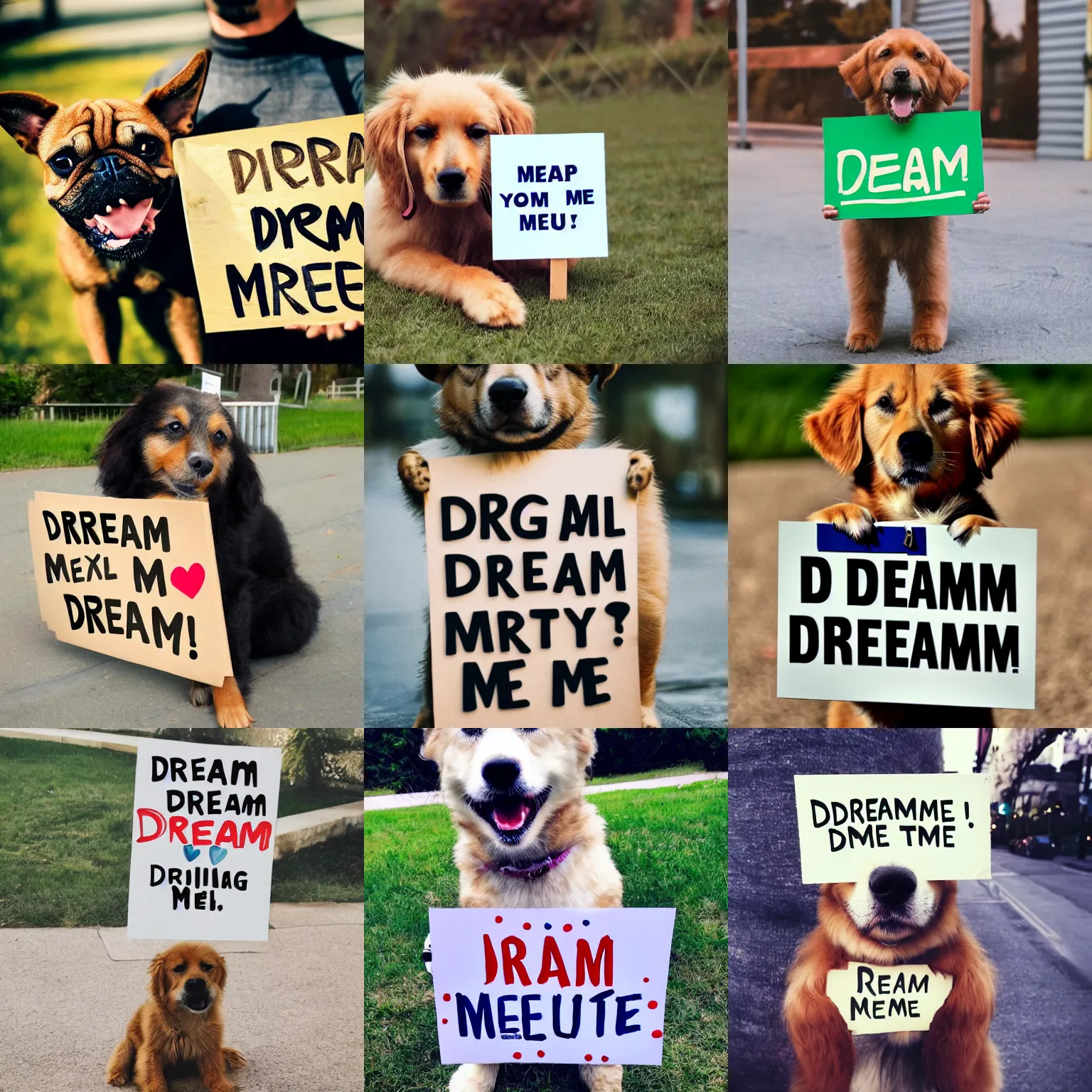 Prompt: realistic high quality photo of a cute dog holding a sign with text that reads : dream me?