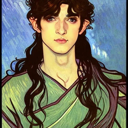 Image similar to portrait painting of young handsome beautiful paladin elf!! man with long! wavy dark hair and blue eyes in his 2 0 s named taehyung minjun james, pale, wearing armor!, gorgeous hair, elf ears, icy eyes, elegant, cute, delicate, soft facial features, art by alphonse mucha, vincent van gogh, egon schiele,