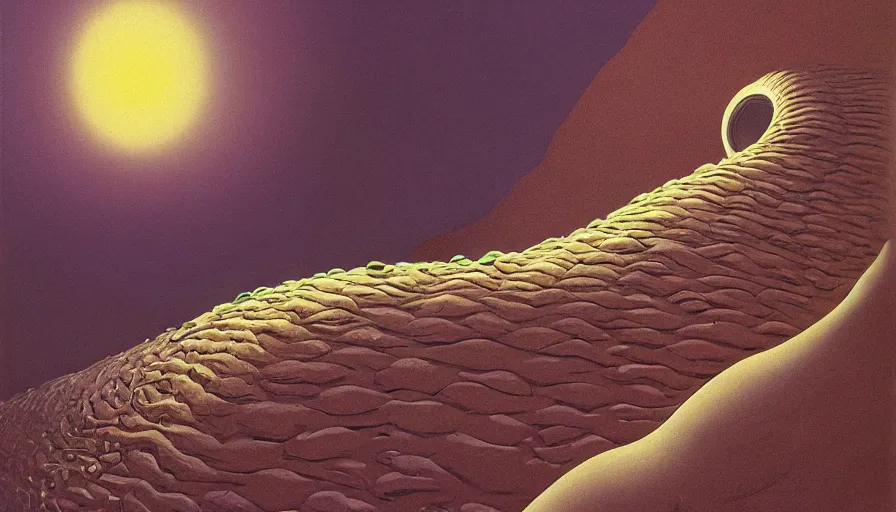 Prompt: a giant sandworm bursting out of the sand on a mountainous desert planet, by roger dean, by dean ellis, by moebius, oil on canvas, highly detailed, soft lighting