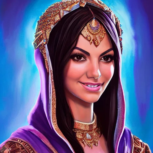 Image similar to a portrait of victoria justice as an arabian princess in a disney movie, crown!! oil painting, pale colors, high detail, 8 k, wide angle, trending on artstation,