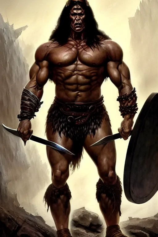 Image similar to full body portrait of [ [ [ john cena ] ] ] as conan the barbarian, art by frank frazetta, greg rutkowski and peter mohrbacher, dramatic action pose, extremely detailed shading, sharply focused, concept art, digital painting, trending on artstation, unreal engine 5, octane render, atmosphere, glow, cinematic lighting, full of color