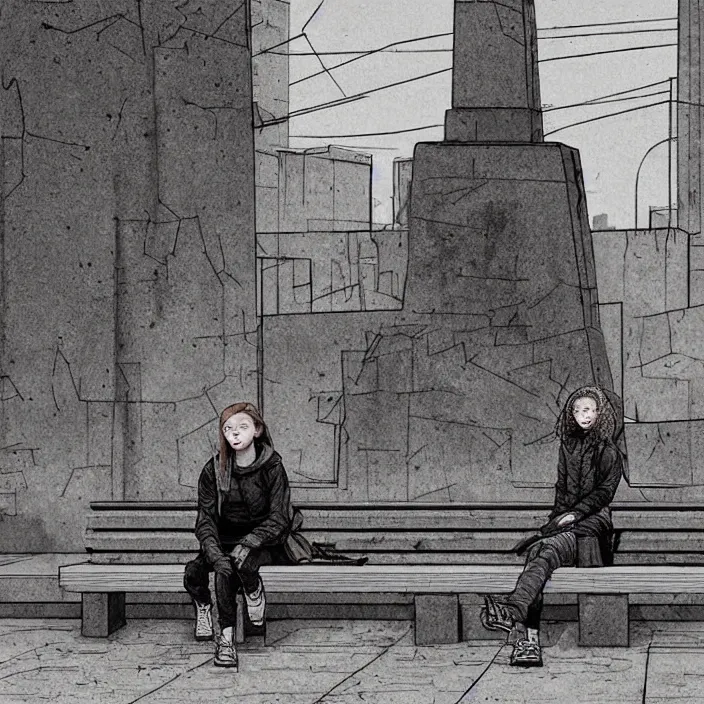 Image similar to storyboard : sadie sink in hoodie sat down on bench in ruined square, pedestrians walk by, old soviet monument nearby. scifi cyberpunk. by gabriel hardman. cinematic atmosphere, detailed and intricate, perfect anatomy