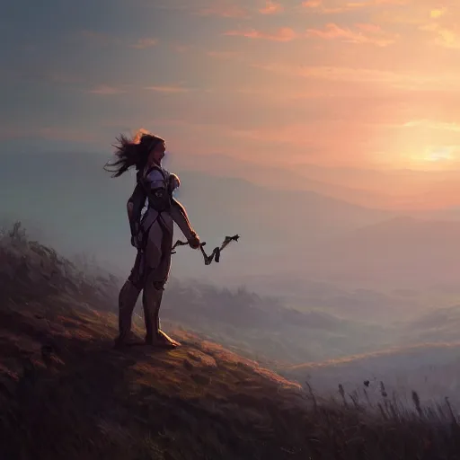 Image similar to cinematic shot of a mech whos standing on a hill looking in the horizon sunset surface digital painting, artstation, concept art, soft light, hdri, smooth, sharp focus, illustration, fantasy, intricate, elegant, highly detailed, D&D, matte painting, in the style of Greg Rutkowski and Alphonse Mucha and artemisia, 8k, highly detailed, jurgens, rutkowski, bouguereau, pastoral, rustic, georgic