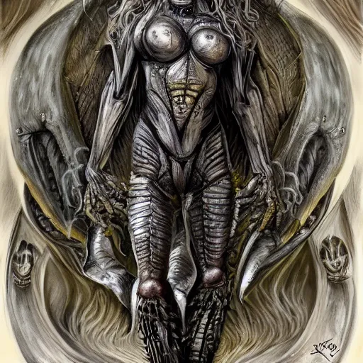 Prompt: Giger portrait of queen dragon, Dragon in dragon lair, HD, full body dragon concept, flying dragon, Human body with dragon features, soft shading, soft colors, relaxed colors, hyperdetailed, wide angle lens, fantasy, futuristic horror, style of giger