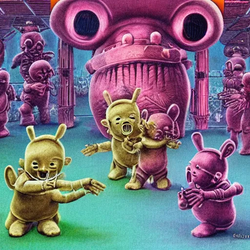 Image similar to detailed realistic science fiction illustration of teletubbies, in the style of h r giger and wayne barlowe