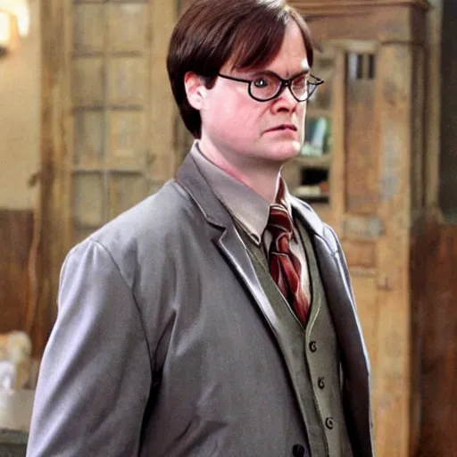 Image similar to dwight schrute playing harry potter in a harry potter movie