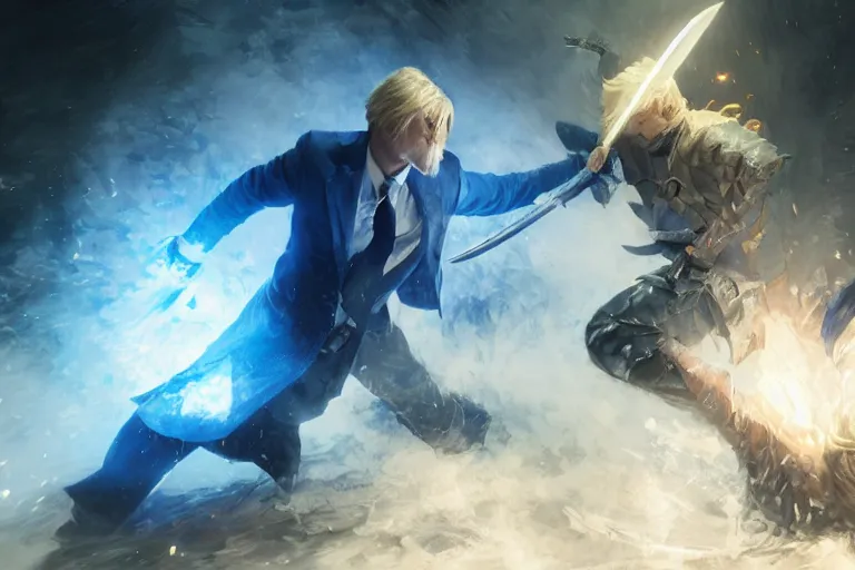 Image similar to a blonde man in a blue suit with a sword attacking a filipino fighter with a rune blade, d & d, heartstone, digital painting, volumetric light, intricate, sharp, focus, bloom, illustration, highly detailed, concept art, matte, ruan jia, randy vargas, greg rutkowski