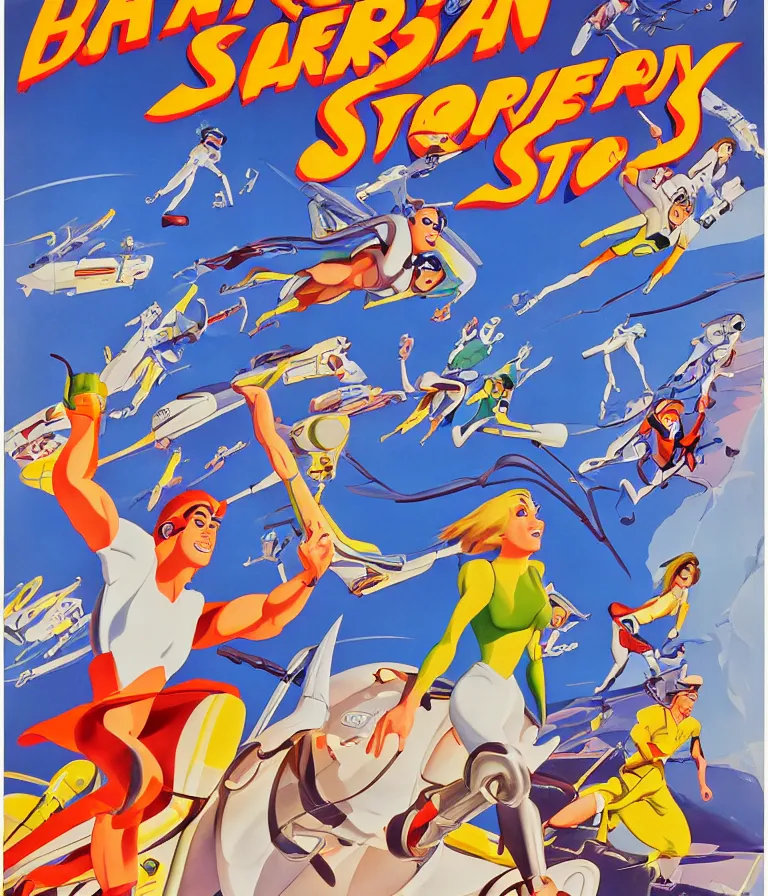 Image similar to Hannah Barbera cartoons of Five Star Stories as Whacky Races, promotional poster super detailed , xpensive production, realistic style, gouache colors, Hollywood retro cartoon poster, golden era of animation work