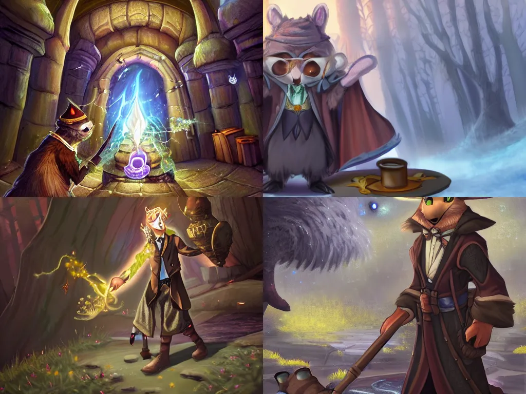 Prompt: A well dressed wizard furry otter fursona is a mage casting a magic spell, highly detailed fantasy anime artwork, ArtStation, pixiv, furaffinity, highly detailed grimdark oil painting, epic scenery in a ruined temple