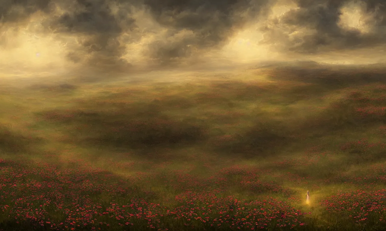 Image similar to breathtaking digital painting of a plains landscape in luxurious nature, with intricate art nouveau moody dark tumultuous clouds, at dawn with roses and golden petals flying, concept art, matte, by johannes voss and seb mckinnon,