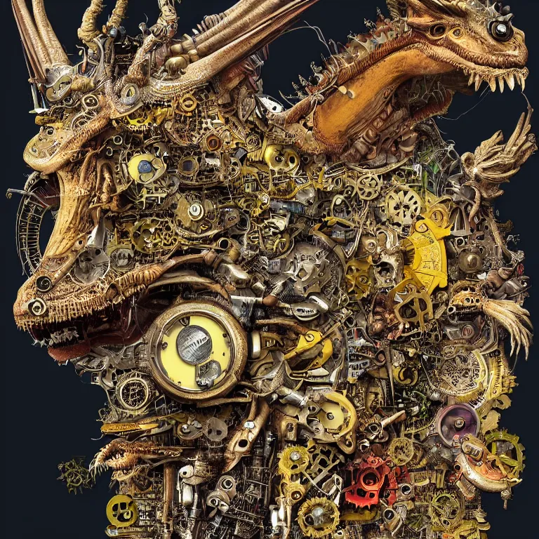 Image similar to profile portrait of a dragon, computer parts, mechanical parts, by giuseppe arcimboldo, steampunk, cyberpunk, futuristic, psychedelic, surreal, sci - fi, vaporwave, alien, dreamlike.